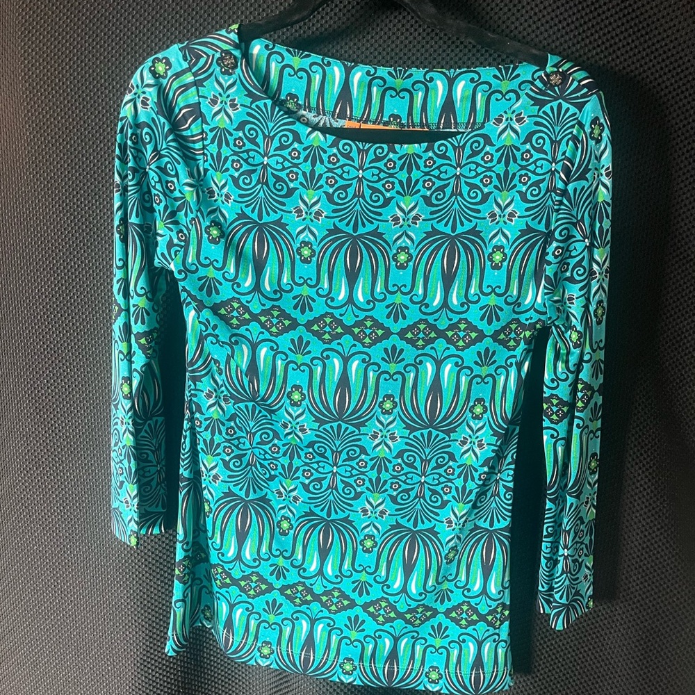 Tory Burch Teal and Black Patterned Blouse